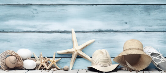 Summer white background with star shaped shell , Travel concept