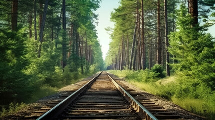 Fototapeta premium Forest trees along a railroad on an summer afternoon. Train tracks travel concept landscape background, Generative AI