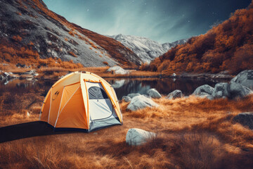 Tent in the mountains near lake, Travel concept
