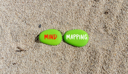 Mind mapping symbol. Concept words Mind mapping on beautiful green stone on a beautiful sand sea beach background. Business, support, motivation, psychological and mind mapping concept. Copy space.