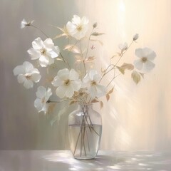 A delicate and airy composition of dainty flowers against a light and ethereal background, creating a sense of grace and elegance. Generative AI. 