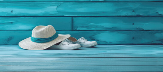 The summer time hat and flip flops is placed on the wooden table , Travel concept