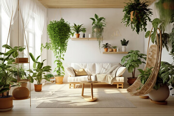 Interior living room in white room with wooden furniture and green plants, Generative AI