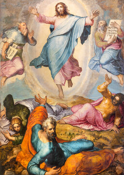 NAPLES, ITALY - APRIL 19, 2023: The painting of Transfiguration in the church Basilica del Gesu Vecchio by Marco Pino (1525 - 1587).