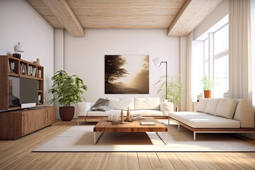Fototapeta na wymiar Interior living room in white room with wooden furniture, Generative AI