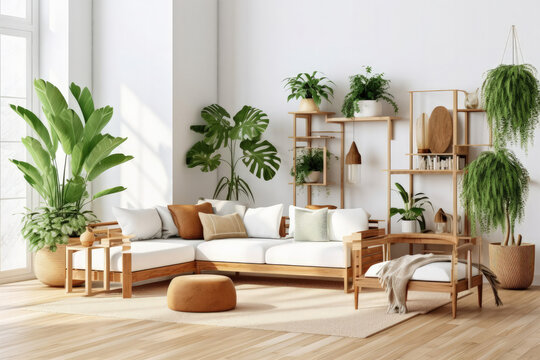 Interior living room in white room with wooden furniture and green plants, Generative AI