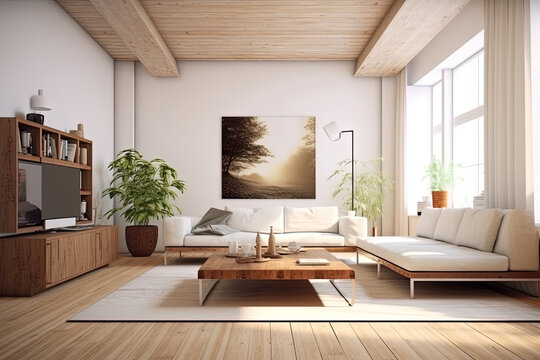 Interior living room in white room with wooden furniture, Generative AI