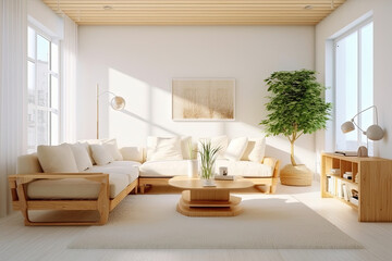 Fototapeta premium Interior living room in white room with wooden furniture, Generative AI