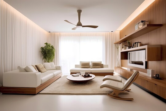 Interior living room in white room with wooden furniture, Generative AI