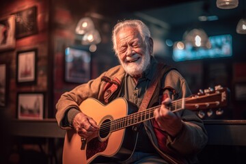 Medium shot portrait photography of a satisfied old man playing the guitar against a lively sports...