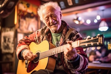 Medium shot portrait photography of a satisfied old man playing the guitar against a lively sports...