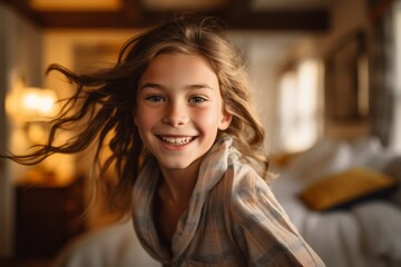 Close-up portrait photography of a satisfied kid female running against a cozy bed and breakfast background. With generative AI technology