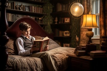 Medium shot portrait photography of a satisfied boy in his 30s reading a book against a cozy bed and breakfast background. With generative AI technology