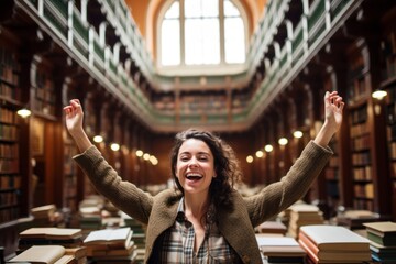 Lifestyle portrait photography of a glad girl in her 30s gesturing victory against a quiet library background. With generative AI technology