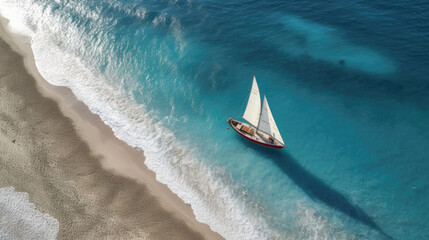 Sailboat is floating on a beach in blue water , Travel concept