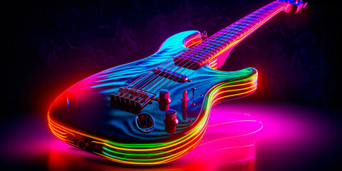 Captivating neon-lit electric guitar inspired by the vibrant '80s, conveying timeless energy and rebellion while showcasing music's power to unite generations. Generative AI - obrazy, fototapety, plakaty
