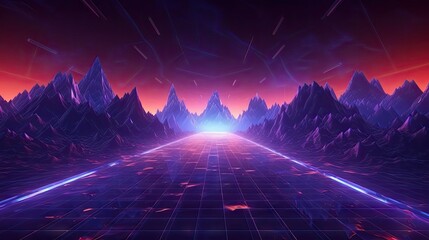 Abstract geometric background, virtual reality environment, cyber space landscape with mountains. Mesh surface glowing with neon light. Created with Generative Ai Technology