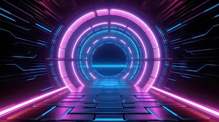 Abstract geometric background with glowing neon ring at the end of the virtual round tunnel. Created with Generative Ai Technology