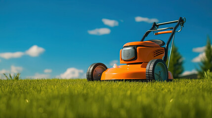 Orange lawn mower with green grass and sky. Summer lawn backyard background, Generative AI