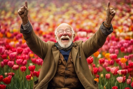 Medium shot portrait photography of a glad old man gesturing victory against a colorful tulipfield background. With generative AI technology