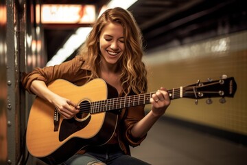 Close-up portrait photography of a satisfied girl in her 30s playing the guitar against a bustling...