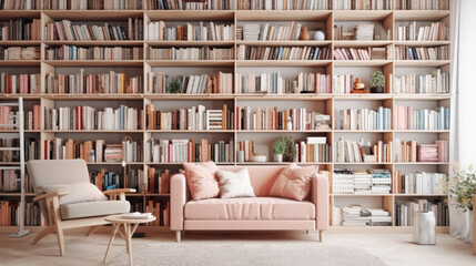 Obraz na płótnie Canvas Scandinavian bookcase with armchair in modern cozy interior of room. Home library with book shelf, Generative AI