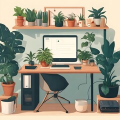 "Illustrate the concept of 'Work From Home' depicting a cozy home office setup with a computer, a plant, and coffee."

