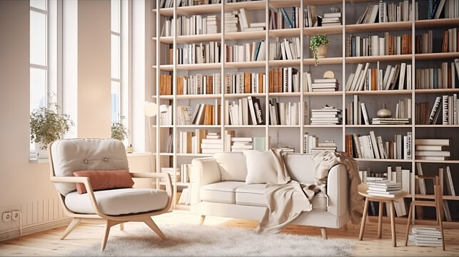 Scandinavian bookcase with armchair in modern cozy interior of room. Home library with book shelf, Generative AI