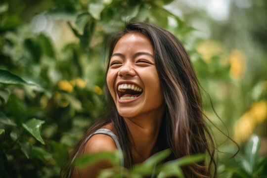 Close-up portrait photography of a grinning girl in her 30s laughing against a serene tea garden background. With generative AI technology