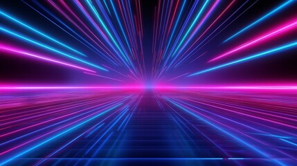 Obraz na płótnie Canvas 3D render, abstract background with neon lights. Futuristic corridor with glowing neon lines, generative Ai