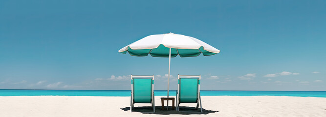White beach umbrella and chairs, Travel concept