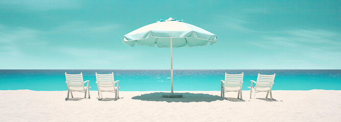 Fototapeta na wymiar White beach umbrella and chairs, Travel concept