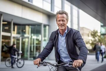 Fototapeta na wymiar Headshot portrait photography of a glad mature man riding a bike against a modern office building background. With generative AI technology