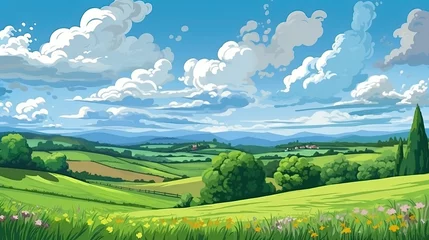 Fotobehang Summer fields, hills landscape, green grass, blue sky with clouds, flat style cartoon painting illustration, background, Generative AI © Sasint