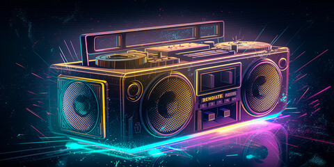 A retro boombox illuminated by beams of holographic light. An image that evokes nostalgia and the influence of 80s music. Generative AI