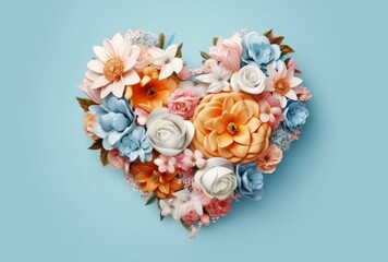 Heart made of flowers on blue background. Flat lay, top view, generative Ai
