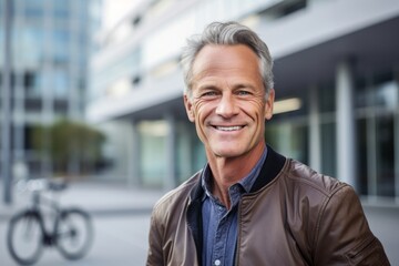 Fototapeta premium Headshot portrait photography of a glad mature man riding a bike against a modern office building background. With generative AI technology
