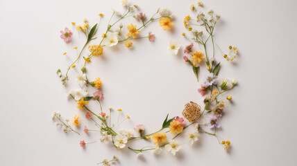 Flat lay of white and yellow Spring blossoms in loose wreath on neutral white background