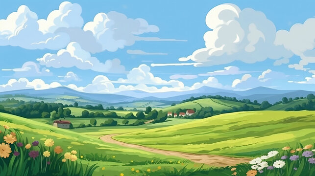 Summer fields, hills landscape, green grass, blue sky with clouds, flat style cartoon painting illustration, background, Generative AI