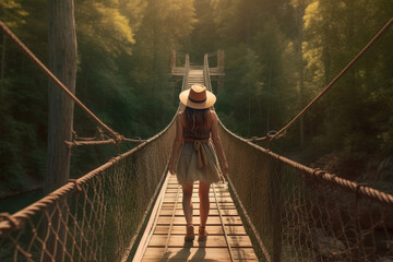 Woman in a hat is crossing a suspension bridge in the woods , Travel concept