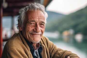 Close-up portrait photography of a happy old man with crossed arms against a scenic riverboat background. With generative AI technology