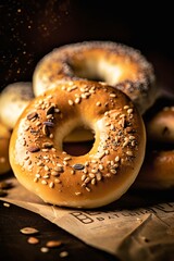 Freshly baked bagels with sesame seeds on rustic background, generative Ai