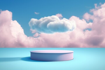 3d render of blue podium with clouds in the sky. Scene for product presentation, generative Ai