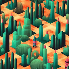Obraz premium Cactuses and succulents seamless repeat pattern, cute cartoon boho [Generative AI] 