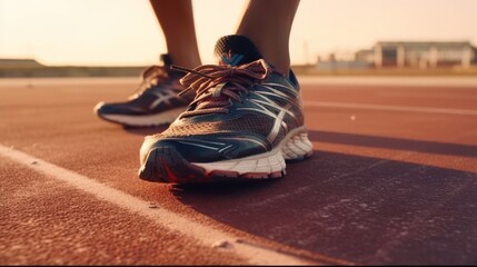 Running shoes. Close-up of female legs on running track at sunset, generative Ai