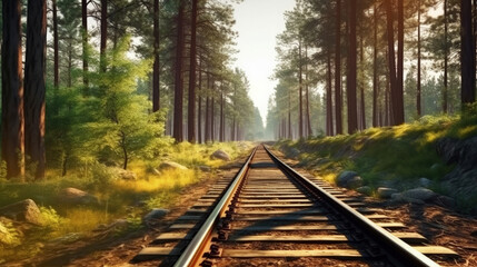Forest trees along a railroad on an summer afternoon. Train tracks travel concept landscape background, Generative AI
