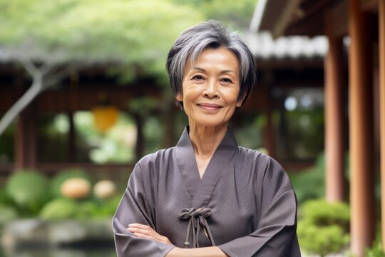 Medium shot portrait photography of a grinning mature woman with crossed arms against a tranquil japanese garden background. With generative AI technology
