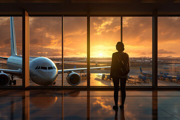 Woman looking out over a scene of passengers waiting at the airport , Travel concept