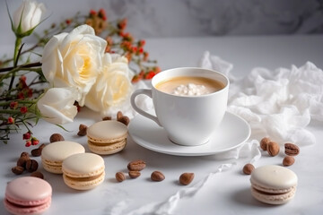 Still life composition with a cup of coffee with milk on a white table background, next to a french macaroons dessert and fresh flowers. 