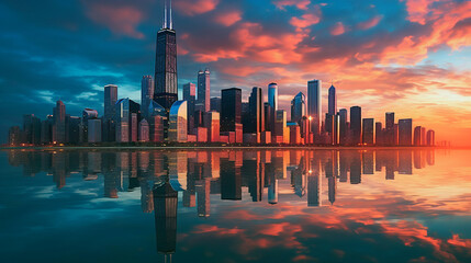 image of chicago skyline at sunset. AI-generated